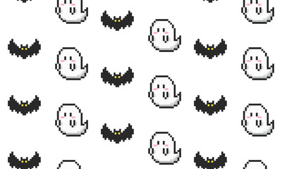 Halloween Pixel Art Seamless Pattern, Spooky Ghost and Bat Illustration, Halloween Textile and Wrapping Design, Halloween and Autumn Digital Seamless Print for Party Decor