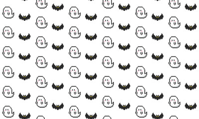 Halloween Pixel Art Seamless Pattern, Spooky Ghost and Bat Illustration, Halloween Textile and Wrapping Design, Halloween and Autumn Digital Seamless Print for Party Decor
