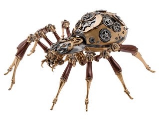 Intricate steampunk mechanical spider with exposed gears a brass body and polished wooden legs.