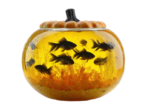 A decorative glass pumpkin paperweight with black fish figurines suspended in bubbly yellow gel.