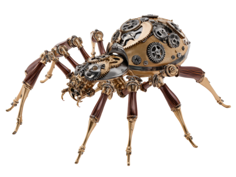 Intricate steampunk mechanical spider with exposed gears a brass body and polished wooden legs.