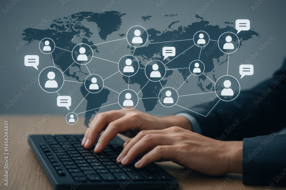Poster social media network concept with hands typing on keyboard and global connection icons