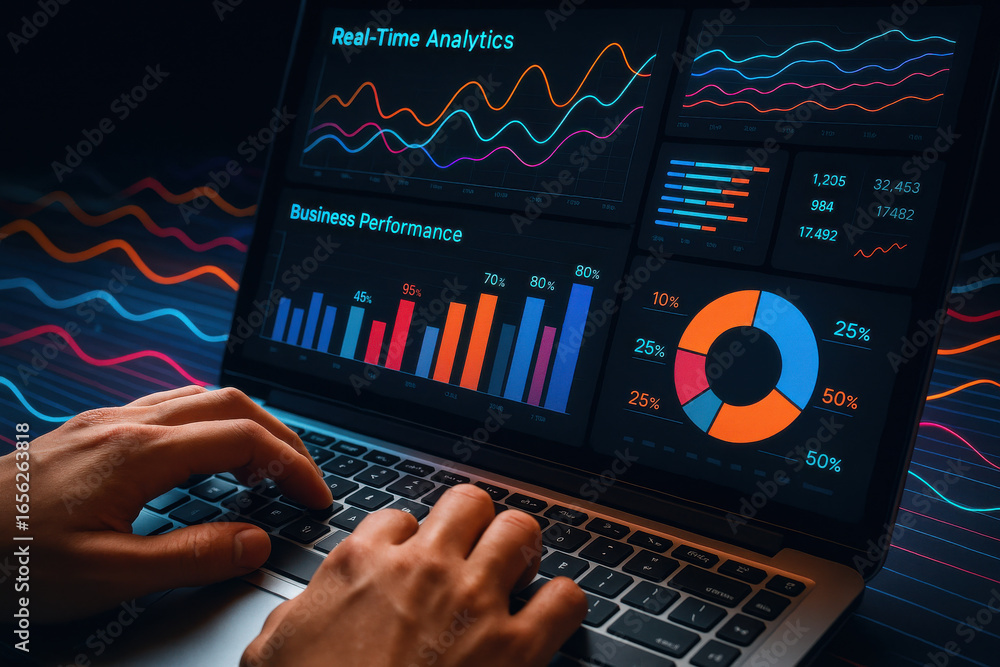 Poster real time analytics and business performance charts on laptop screen with hands typing