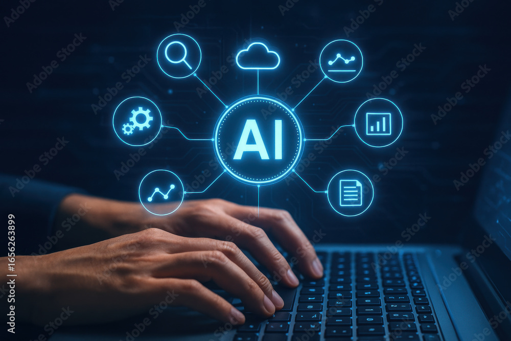 Poster artificial intelligence concept with hands typing on laptop keyboard and digital icons