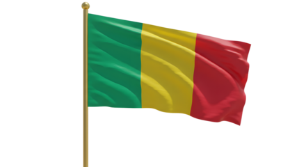 Flag of Mali waving on wooden pole isolated on white background, national symbol of Mali perfect for cultural and patriotic themes