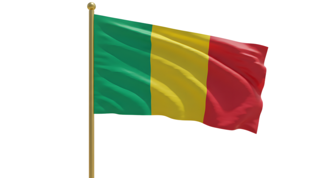 Flag of Mali waving on wooden pole isolated on white background, national symbol of Mali perfect for cultural and patriotic themes