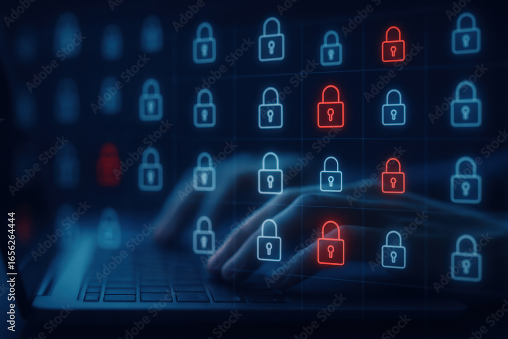 Poster cybersecurity concept with digital padlock icons and hands typing on laptop keyboard