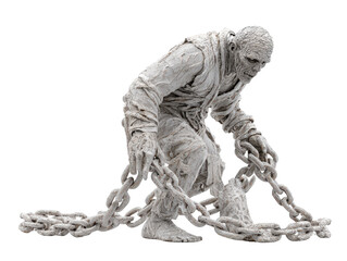 Fototapeta premium Pale textured sculpture of a tormented mummified figure bound and struggling with heavy weathered chains.