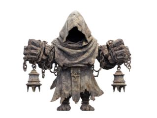 Menacing hooded stone golem with massive fists holding chained bells.