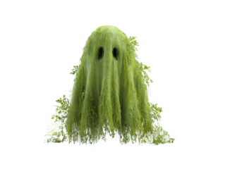 Mysterious green ghost-like creature covered in hanging moss and leafy vines with dark hollow eyes.