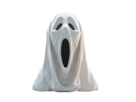 A stylized white ghost figure with a screaming mouth and hollow eyes draped in a smooth flowing sheet.