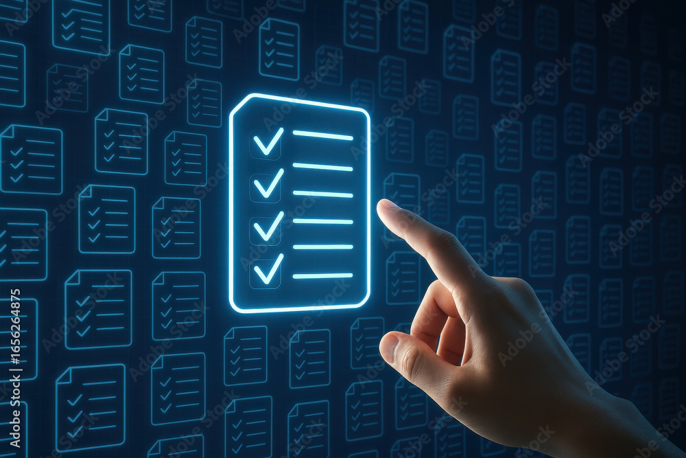 Poster digital checklist with hand pointing at glowing task list, symbolizing completion and success