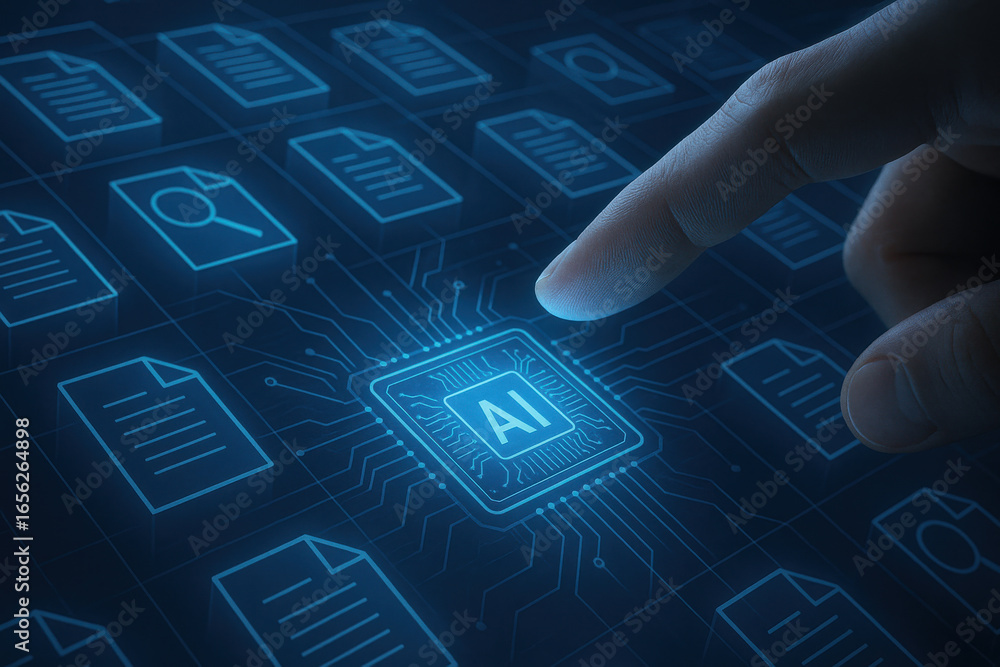 Poster artificial intelligence chip with digital document icons and finger pointing