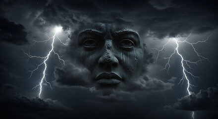 Dramatic face in stormy clouds with lightning strikes and tears