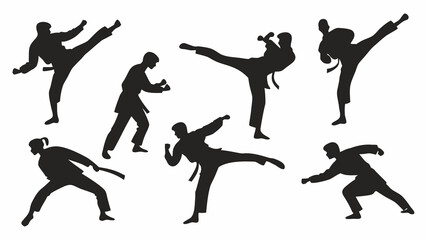 Silhouette of martial art fighters in various fighting poses on