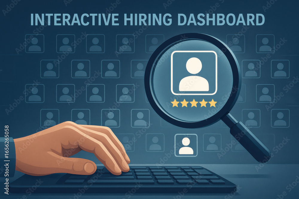 Poster interactive hiring dashboard with hand keyboard and magnifying glass focusing candidate profile