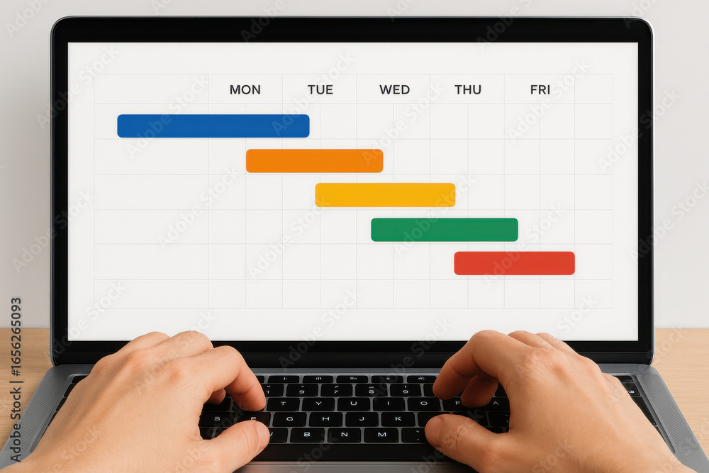 Poster hands typing on laptop with project timeline chart showing tasks from monday to friday