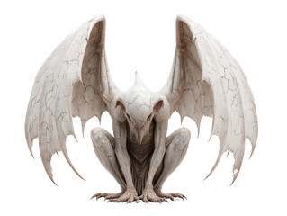 Menacing crouching gargoyle with large spread wings and a cracked ancient stone texture.
