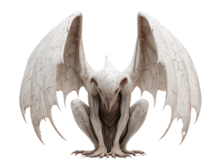 Menacing crouching gargoyle with large spread wings and a cracked ancient stone texture.