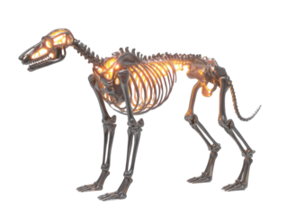 Stylized Canine Skeleton with Dark Metallic Bones and a Luminous Orange Internal Glow.