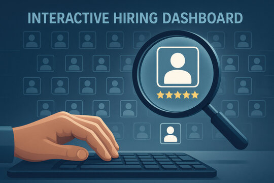 Interactive hiring dashboard with hand keyboard and magnifying glass focusing candidate profile