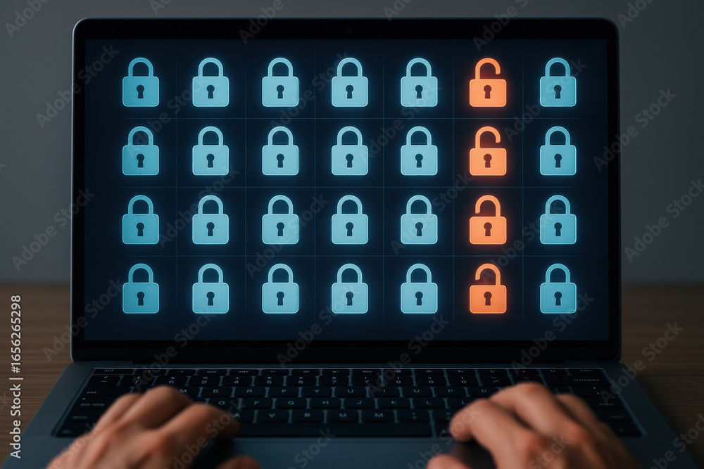 Poster laptop screen showing multiple lock icons with some unlocked orange, symbolizing cybersecurity