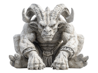 Menacing horned gargoyle statue made of weathered cracked stone crouching with a fierce expression.
