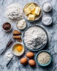 Baking Ingredients Spread on Marble Countertop with Flour, Eggs, Butter, Sugar, and Cocoa for Home Recipes