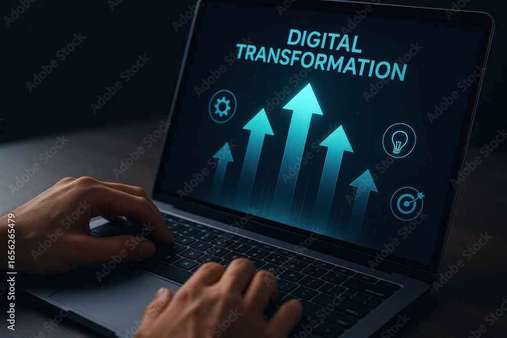 Poster digital transformation concept with upward arrows on laptop screen and hands typing