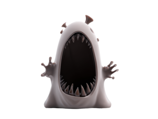 Fierce light grey cartoon monster screaming with a huge open mouth full of sharp spiky teeth.