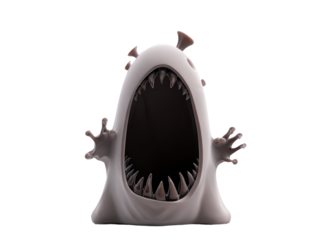 Fierce light grey cartoon monster screaming with a huge open mouth full of sharp spiky teeth.
