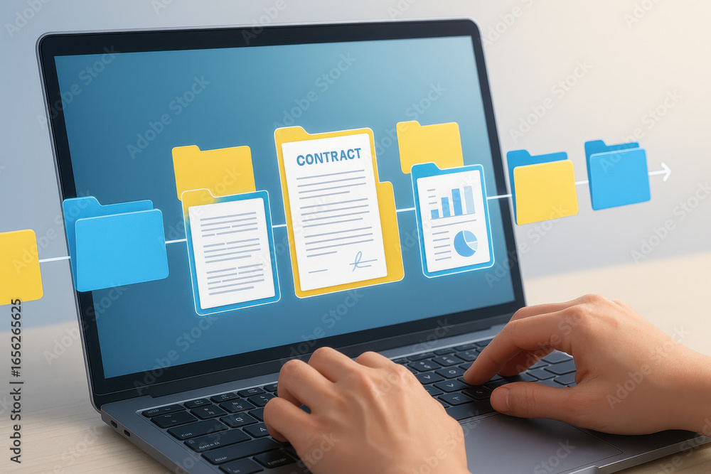Poster digital contract management on laptop screen with hands typing on keyboard