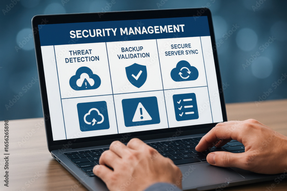Poster security management interface on laptop screen with hands typing on keyboard