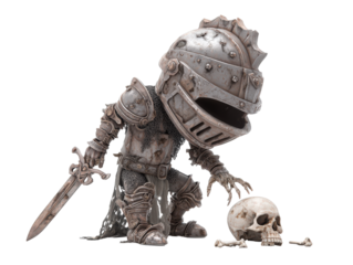 Menacing cartoon knight in weathered rusty armor with a large helmet holding a sword over a skull.