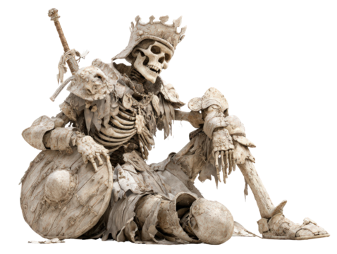 Skeletal king in ornate decaying armor and crown sitting wearily with a sword and shield.