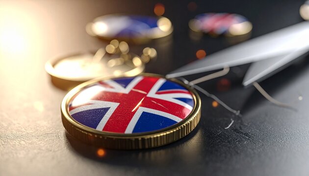 A close-up of a gold-rimmed medallion featuring the British Union Jack flag, with other blurred national symbols and a sharp metallic object in the background.