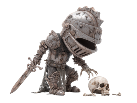 Menacing cartoon knight in weathered rusty armor with a large helmet holding a sword over a skull.