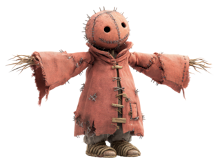 Creepy scarecrow doll with a spiked stitched head and a tattered red coat in a T-pose.