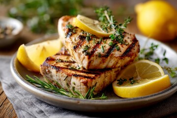 Grilled blue marlin swordfish steaks garnished with fresh herbs and lemon slices on a plate
