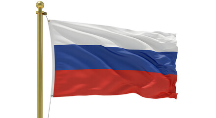 Russian flag waving on pole isolated on white background, symbol of Russia, perfect for cultural and political themes
