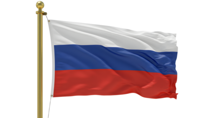 Russian flag waving on pole isolated on white background, symbol of Russia, perfect for cultural and political themes