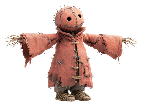 Creepy scarecrow doll with a spiked stitched head and a tattered red coat in a T-pose.