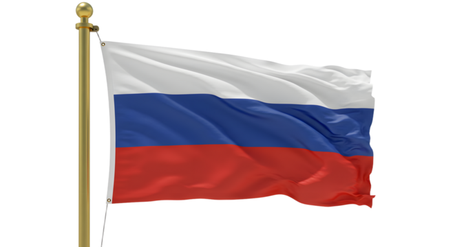 Russian flag waving on pole isolated on white background, symbol of Russia, perfect for cultural and political themes