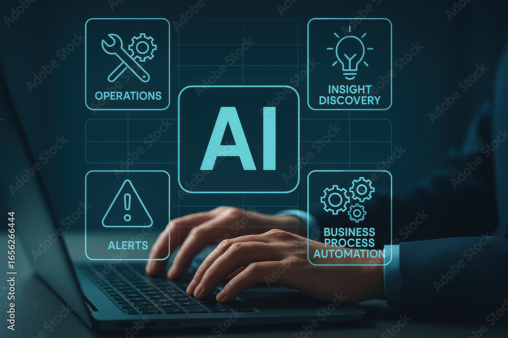 Poster ai technology concept with hands typing on laptop keyboard and digital icons