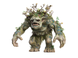 Hulking forest troll with rocky skin covered in moss lichen and sprouting mushrooms.
