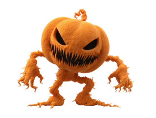 Terrifying Halloween pumpkin monster with a fibrous vine-like body and a menacing toothy grin.