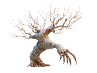 Fantastical walking tree monster with gnarled bark and a large menacing clawed hand.