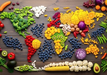 World map made of colorful fruits and vegetables, representing healthy eating, global cuisine, and the diversity of agricultural produce