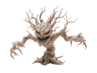 A menacing gnarled tree monster with a scary face sharp teeth and clawed hands.