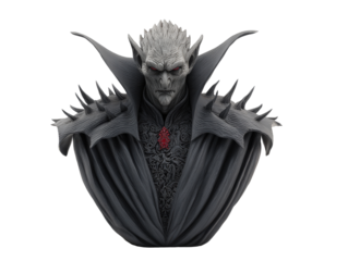 Menacing bust of a fantasy vampire king with glowing red eyes pointed ears and ornate spiked armor.